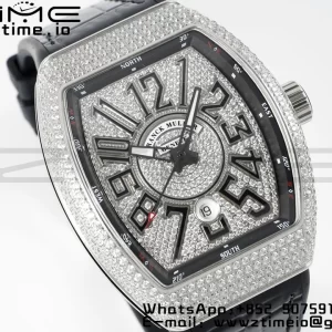 Franck MullerFranck MullerFranck Muller Vanguard V45 SS ABF Best Edition Quadrante nero con diamanti su cinturino in pelle nera A2824 - Orologio super clone | 1:1 Versione migliore