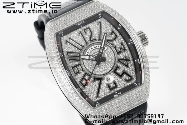 Franck MullerFranck MullerFranck Muller Vanguard V45 SS ABF Best Edition Quadrante nero con diamanti su cinturino in pelle nera A2824 - Orologio super clone | 1:1 Versione migliore