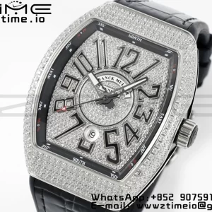 Franck MullerFranck MullerFranck Muller Vanguard V45 SS ABF Best Edition Quadrante nero con diamanti su cinturino in pelle nera A2824 - Orologio super clone | 1:1 Versione migliore