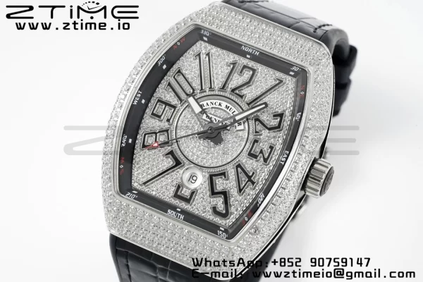 Franck MullerFranck MullerFranck Muller Vanguard V45 SS ABF Best Edition Quadrante nero con diamanti su cinturino in pelle nera A2824 - Orologio super clone | 1:1 Versione migliore