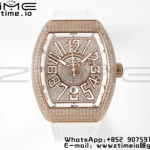 Franck Muller Vanguard V45 RG ABF Best Edition Full Diamonds Dial on White Leather Strap A2824 - Super Clone Watch | 1:1 Best Version