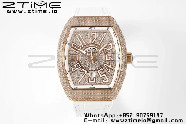 Franck Muller Vanguard V45 RG ABF Best Edition Full Diamonds Dial on White Leather Strap A2824 - Super Clone Watch | 1:1 Best Version