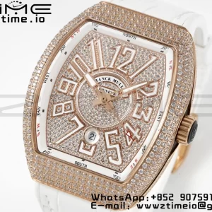 Franck Muller Vanguard V45 RG ABF Best Edition Full Diamonds Dial on White Leather Strap A2824 - Super Clone Watch | 1:1 Best Version