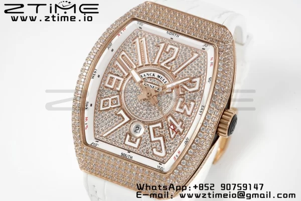 Franck Muller Vanguard V45 RG ABF Best Edition Full Diamonds Dial on White Leather Strap A2824 - Super Clone Watch | 1:1 Best Version