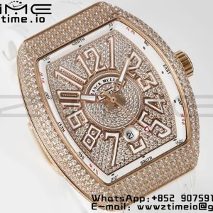 Franck Muller Vanguard V45 RG ABF Best Edition Full Diamonds Dial on White Leather Strap A2824 - Super Clone Watch | 1:1 Best Version
