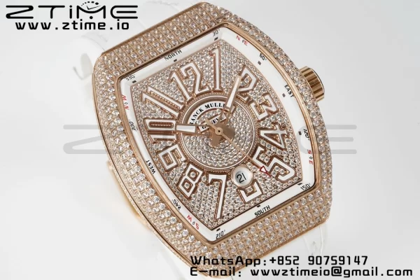 Franck Muller Vanguard V45 RG ABF Best Edition Full Diamonds Dial on White Leather Strap A2824 - Super Clone Watch | 1:1 Best Version