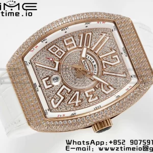 Franck Muller Vanguard V45 RG ABF Best Edition Full Diamonds Dial on White Leather Strap A2824 - Super Clone Watch | 1:1 Best Version