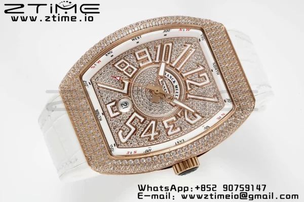 Franck Muller Vanguard V45 RG ABF Best Edition Full Diamonds Dial on White Leather Strap A2824 - Super Clone Watch | 1:1 Best Version