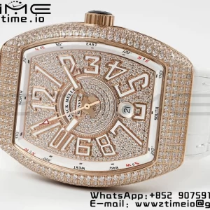 Franck Muller Vanguard V45 RG ABF Best Edition Full Diamonds Dial on White Leather Strap A2824 - Super Clone Watch | 1:1 Best Version