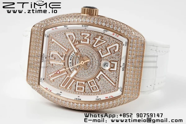 Franck Muller Vanguard V45 RG ABF Best Edition Full Diamonds Dial on White Leather Strap A2824 - Super Clone Watch | 1:1 Best Version