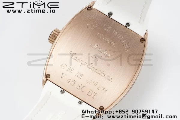 Franck Muller Vanguard V45 RG ABF Best Edition Full Diamonds Dial on White Leather Strap A2824 - Super Clone Watch | 1:1 Best Version