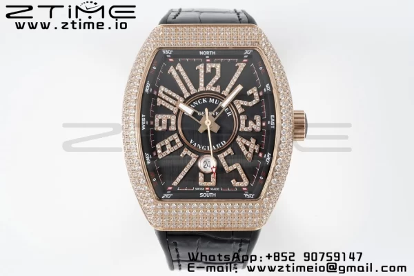 Franck Muller Vanguard V45 RG ABF Best Edition Black Dial on Black Leather Strap A2824 - Super Clone Watch | 1:1 Best Version