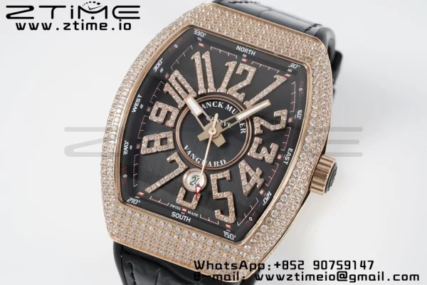 Franck Muller Vanguard V45 RG ABF Best Edition Black Dial on Black Leather Strap A2824 - Super Clone Watch | 1:1 Best Version