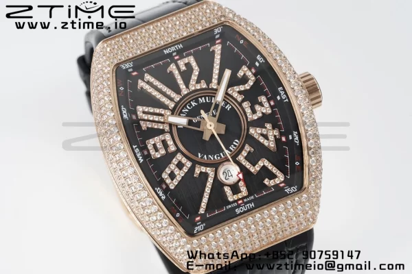 Franck Muller Vanguard V45 RG ABF Best Edition Black Dial on Black Leather Strap A2824 - Super Clone Watch | 1:1 Best Version