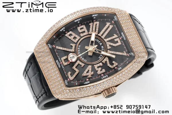 Franck Muller Vanguard V45 RG ABF Best Edition Black Dial on Black Leather Strap A2824 - Super Clone Watch | 1:1 Best Version