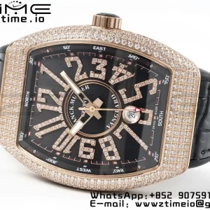 Franck Muller Vanguard V45 RG ABF Best Edition Black Dial on Black Leather Strap A2824 - Super Clone Watch | 1:1 Best Version