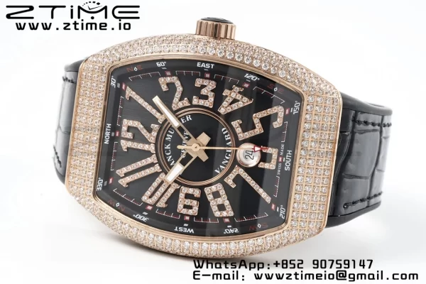 Franck Muller Vanguard V45 RG ABF Best Edition Black Dial on Black Leather Strap A2824 - Super Clone Watch | 1:1 Best Version