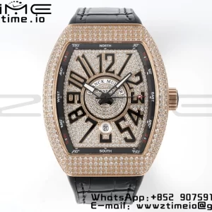 Franck Muller Vanguard V45 RG ABF Best Edition Black  Full Diamonds Dial on Black Leather Strap A2824 - Super Clone Watch | 1:1 Best Version