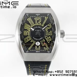 Franck Muller Vanguard V45 SS ABF Best Edition Black Dial with Yelloww Numeral Markers on Black Leather Strap A2824 - Super Clone Watch | 1:1 Best Version
