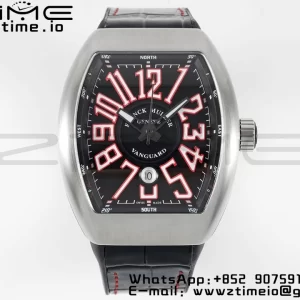 Franck Muller Vanguard V45 SS ABF Best Edition Black Dial with Pink Red Numeral Markers on Black Leather Strap A2824 - Super Clone Watch | 1:1 Best Version
