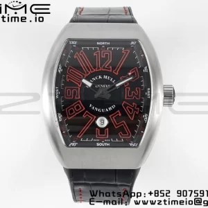 Franck Muller Vanguard V45 SS ABF Best Edition Black Dial with Red Numeral Markers on Black Leather Strap A2824 - Super Clone Watch | 1:1 Best Version