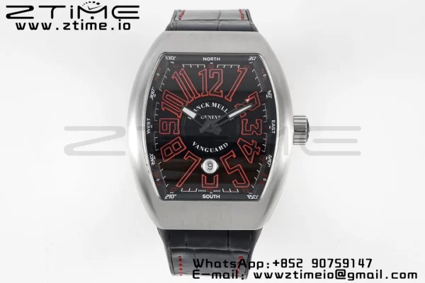 Franck Muller Vanguard V45 SS ABF Best Edition Musta kellotaulu punaisilla numeromerkinnöillä mustalla nahkahihnalla A2824 - Super Clone Watch | 1:1 Paras versio