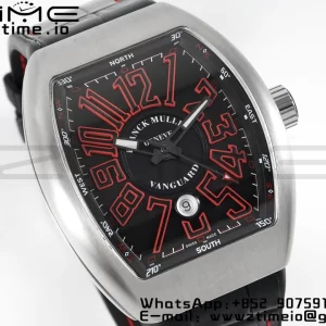 Franck Muller Vanguard V45 SS ABF Best Edition Musta kellotaulu punaisilla numeromerkinnöillä mustalla nahkahihnalla A2824 - Super Clone Watch | 1:1 Paras versio
