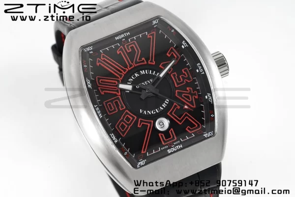 Franck Muller Vanguard V45 SS ABF Best Edition Musta kellotaulu punaisilla numeromerkinnöillä mustalla nahkahihnalla A2824 - Super Clone Watch | 1:1 Paras versio