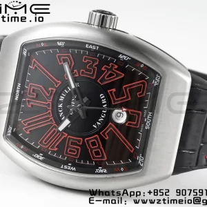 Franck Muller Vanguard V45 SS ABF Best Edition Musta kellotaulu punaisilla numeromerkinnöillä mustalla nahkahihnalla A2824 - Super Clone Watch | 1:1 Paras versio