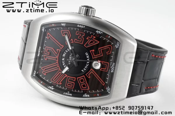 Franck Muller Vanguard V45 SS ABF Best Edition Musta kellotaulu punaisilla numeromerkinnöillä mustalla nahkahihnalla A2824 - Super Clone Watch | 1:1 Paras versio