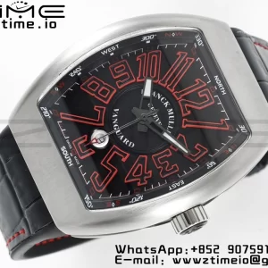 Franck Muller Vanguard V45 SS ABF Best Edition Musta kellotaulu punaisilla numeromerkinnöillä mustalla nahkahihnalla A2824 - Super Clone Watch | 1:1 Paras versio
