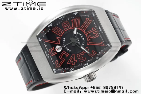 Franck Muller Vanguard V45 SS ABF Best Edition Musta kellotaulu punaisilla numeromerkinnöillä mustalla nahkahihnalla A2824 - Super Clone Watch | 1:1 Paras versio