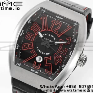Franck Muller Vanguard V45 SS ABF Best Edition Musta kellotaulu punaisilla numeromerkinnöillä mustalla nahkahihnalla A2824 - Super Clone Watch | 1:1 Paras versio