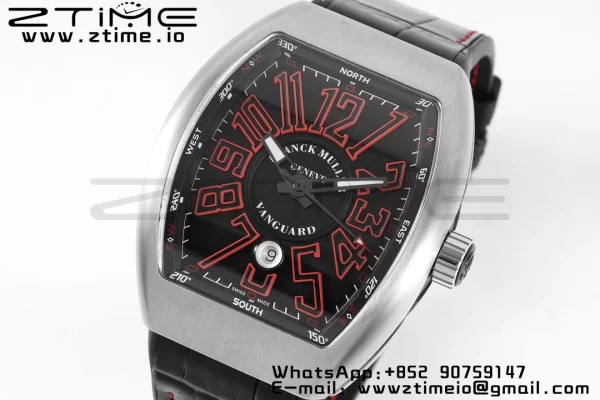 Franck Muller Vanguard V45 SS ABF Best Edition Musta kellotaulu punaisilla numeromerkinnöillä mustalla nahkahihnalla A2824 - Super Clone Watch | 1:1 Paras versio