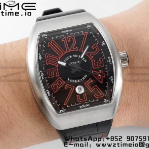 Franck Muller Vanguard V45 SS ABF Best Edition Musta kellotaulu punaisilla numeromerkinnöillä mustalla nahkahihnalla A2824 - Super Clone Watch | 1:1 Paras versio
