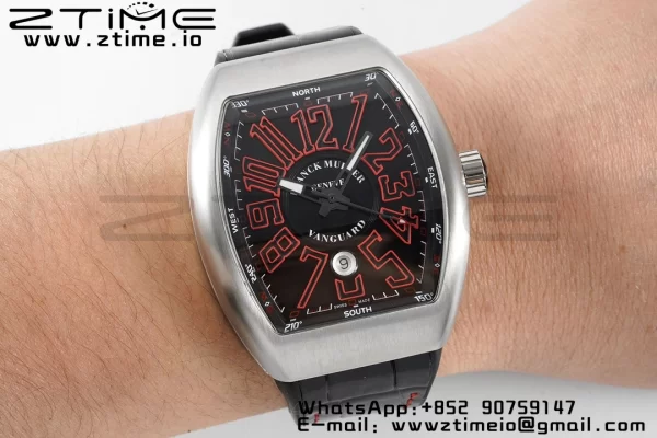 Franck Muller Vanguard V45 SS ABF Best Edition Musta kellotaulu punaisilla numeromerkinnöillä mustalla nahkahihnalla A2824 - Super Clone Watch | 1:1 Paras versio