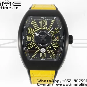 Franck Muller Franck Muller Vanguard V45 PVD ABF Best Edition Black Dial With Yellow Numeral Markers on Yellow Leather Strap A2824 - Super Clone Watch | 1:1 Best Version