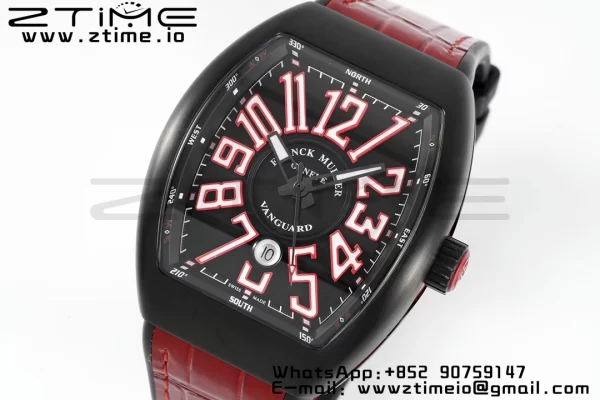 Franck Muller Franck Muller Franck Muller Vanguard V45 PVD ABF Best Edition Musta kellotaulu punaisilla numeromerkinnöillä punaisella nahkahihnalla A2824 - Super Clone Watch | 1:1 Paras versio