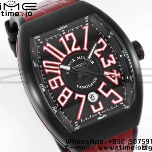 Franck Muller Franck Muller Franck Muller Vanguard V45 PVD ABF Best Edition Musta kellotaulu punaisilla numeromerkinnöillä punaisella nahkahihnalla A2824 - Super Clone Watch | 1:1 Paras versio