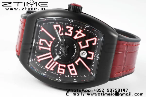 Franck Muller Franck Muller Franck Muller Vanguard V45 PVD ABF Best Edition Musta kellotaulu punaisilla numeromerkinnöillä punaisella nahkahihnalla A2824 - Super Clone Watch | 1:1 Paras versio