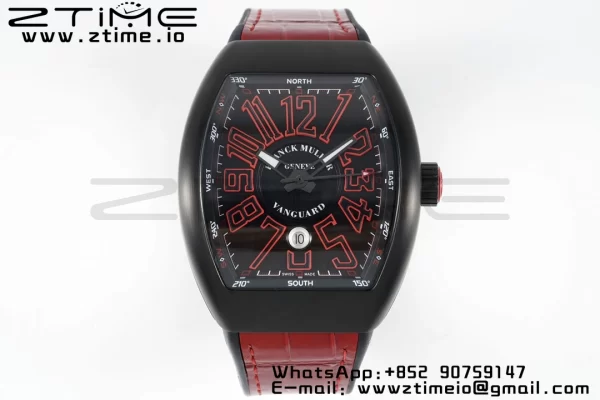 Franck Muller Franck Muller Franck Muller Franck Muller Vanguard V45 PVD ABF Best Edition Musta kellotaulu punaisilla numeromerkinnöillä punaisella nahkahihnalla A2824 - Super Clone Watch | 1:1 Paras versio