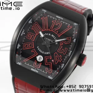 Franck Muller Franck Muller Franck Muller Franck Muller Vanguard V45 PVD ABF Best Edition Musta kellotaulu punaisilla numeromerkinnöillä punaisella nahkahihnalla A2824 - Super Clone Watch | 1:1 Paras versio
