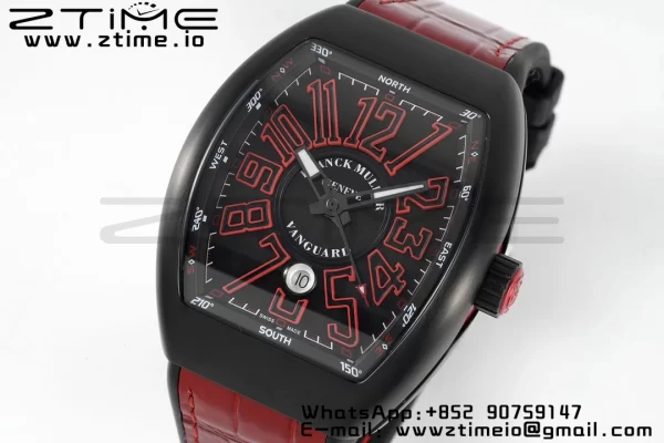 Franck Muller Franck Muller Franck Muller Franck Muller Vanguard V45 PVD ABF Best Edition Musta kellotaulu punaisilla numeromerkinnöillä punaisella nahkahihnalla A2824 - Super Clone Watch | 1:1 Paras versio