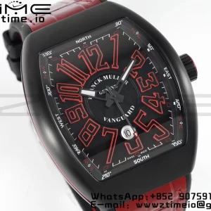 Franck Muller Franck Muller Franck Muller Franck Muller Vanguard V45 PVD ABF Best Edition Musta kellotaulu punaisilla numeromerkinnöillä punaisella nahkahihnalla A2824 - Super Clone Watch | 1:1 Paras versio