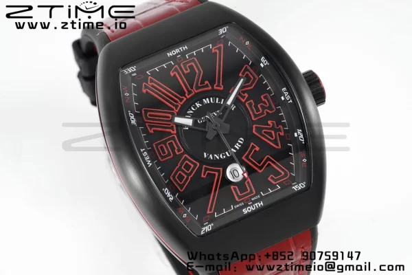 Franck Muller Franck Muller Franck Muller Franck Muller Vanguard V45 PVD ABF Best Edition Musta kellotaulu punaisilla numeromerkinnöillä punaisella nahkahihnalla A2824 - Super Clone Watch | 1:1 Paras versio