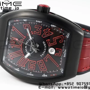 Franck Muller Franck Muller Franck Muller Franck Muller Vanguard V45 PVD ABF Best Edition Musta kellotaulu punaisilla numeromerkinnöillä punaisella nahkahihnalla A2824 - Super Clone Watch | 1:1 Paras versio