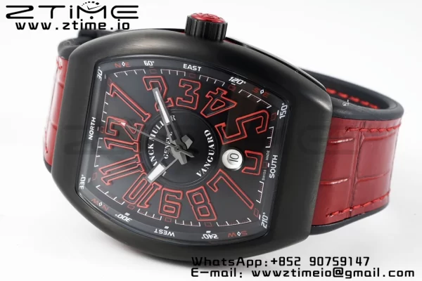 Franck Muller Franck Muller Franck Muller Franck Muller Vanguard V45 PVD ABF Best Edition Musta kellotaulu punaisilla numeromerkinnöillä punaisella nahkahihnalla A2824 - Super Clone Watch | 1:1 Paras versio