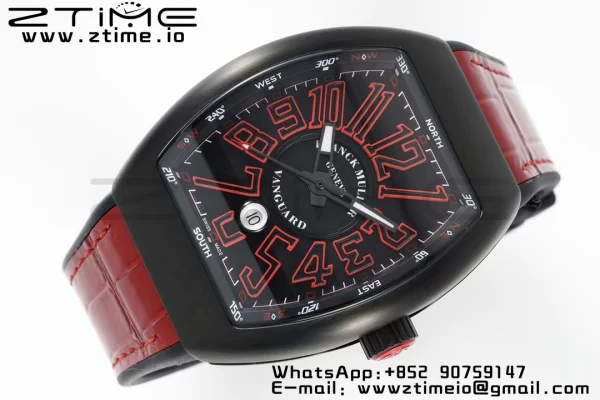 Franck Muller Franck Muller Franck Muller Franck Muller Vanguard V45 PVD ABF Best Edition Musta kellotaulu punaisilla numeromerkinnöillä punaisella nahkahihnalla A2824 - Super Clone Watch | 1:1 Paras versio
