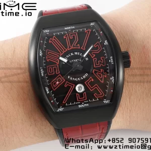 Franck Muller Franck Muller Franck Muller Franck Muller Vanguard V45 PVD ABF Best Edition Musta kellotaulu punaisilla numeromerkinnöillä punaisella nahkahihnalla A2824 - Super Clone Watch | 1:1 Paras versio