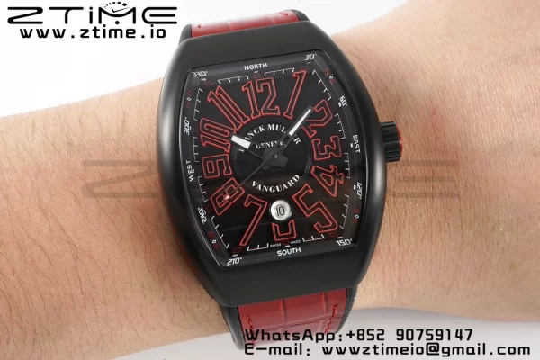 Franck Muller Franck Muller Franck Muller Franck Muller Vanguard V45 PVD ABF Best Edition Musta kellotaulu punaisilla numeromerkinnöillä punaisella nahkahihnalla A2824 - Super Clone Watch | 1:1 Paras versio